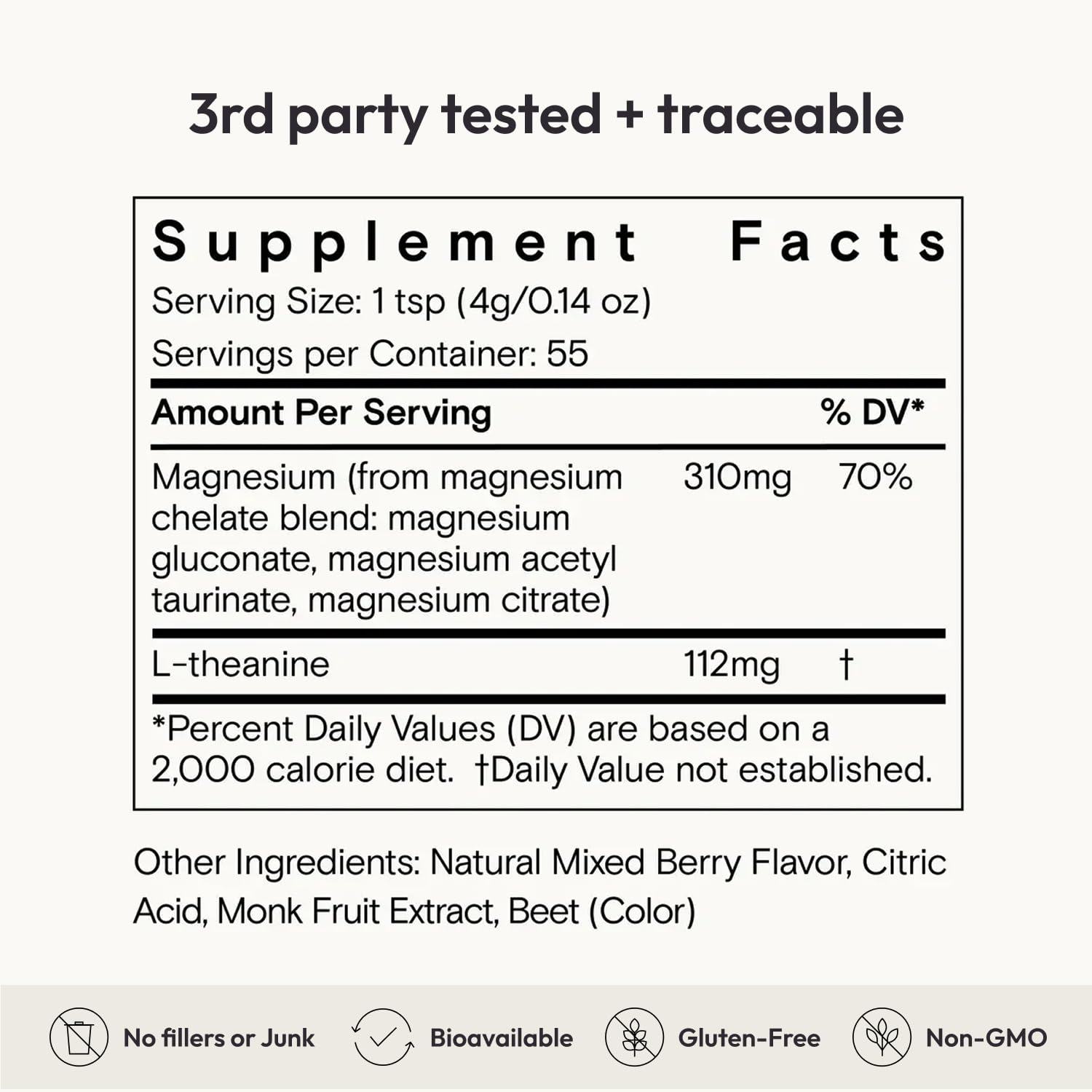 Ingredients list emphasizes bioavailable magnesium and L-theanine