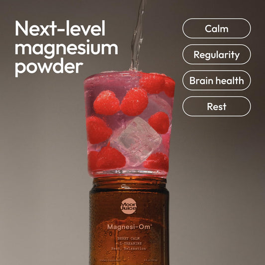 Close-up of Magnesi-Om label highlighting vegan, non-GMO berry formula