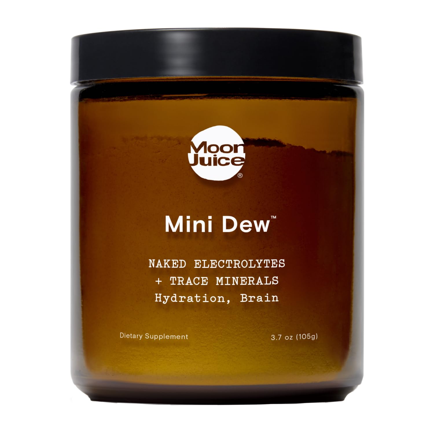 Moon Juice Mini Dew electrolyte powder jar close-up highlighting minerals for hydration.