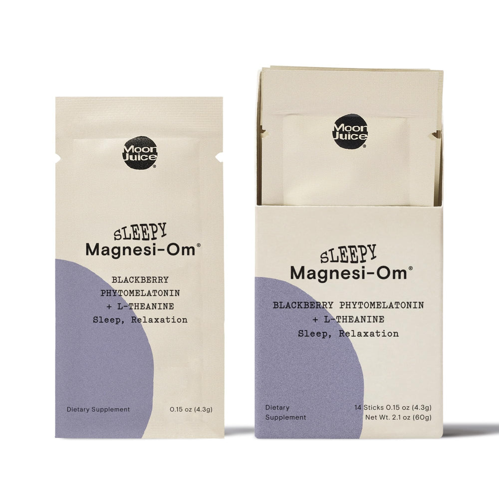 Moon Juice Sleepy Magnesi-Om bottle promotes bedtime routine and relaxation.