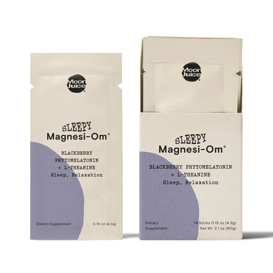 Moon Juice Sleepy Magnesi-Om bottle promotes bedtime routine and relaxation.