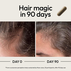 Moon Juice SuperHair pumpkin-seed visual suggests DHT-friendly nourishment for thicker-looking hair.