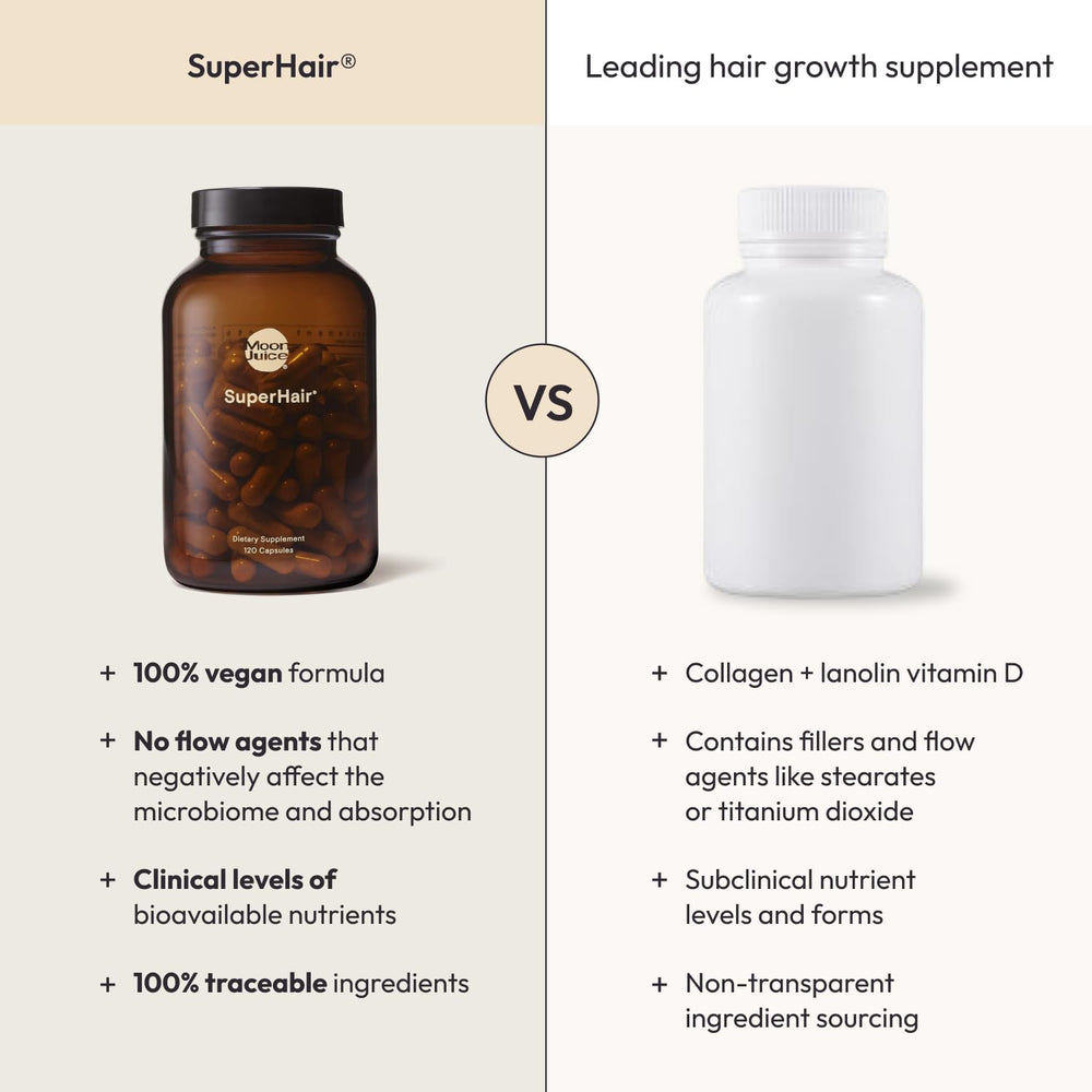 Moon Juice SuperHair shelf shot conveys long-term commitment to hair wellness.