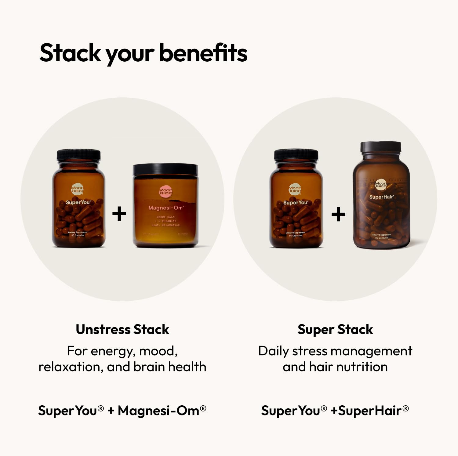 Moon Juice SuperYou glass with pills signaling 30 servings