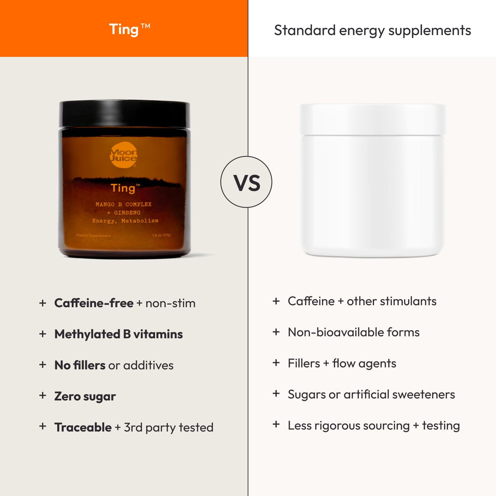 Moon Juice Ting ingredients graphic features fermented L-glutamine and B vitamins.