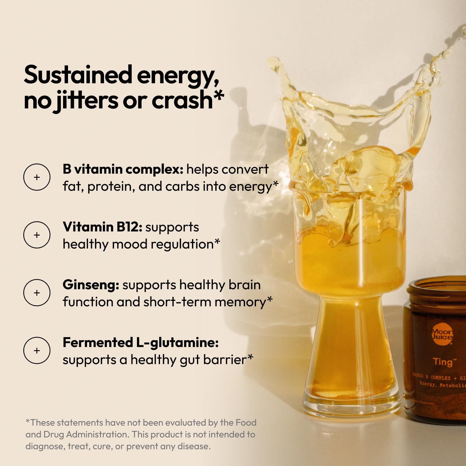 Moon Juice Ting label closeup highlights B vitamins and mango flavor.