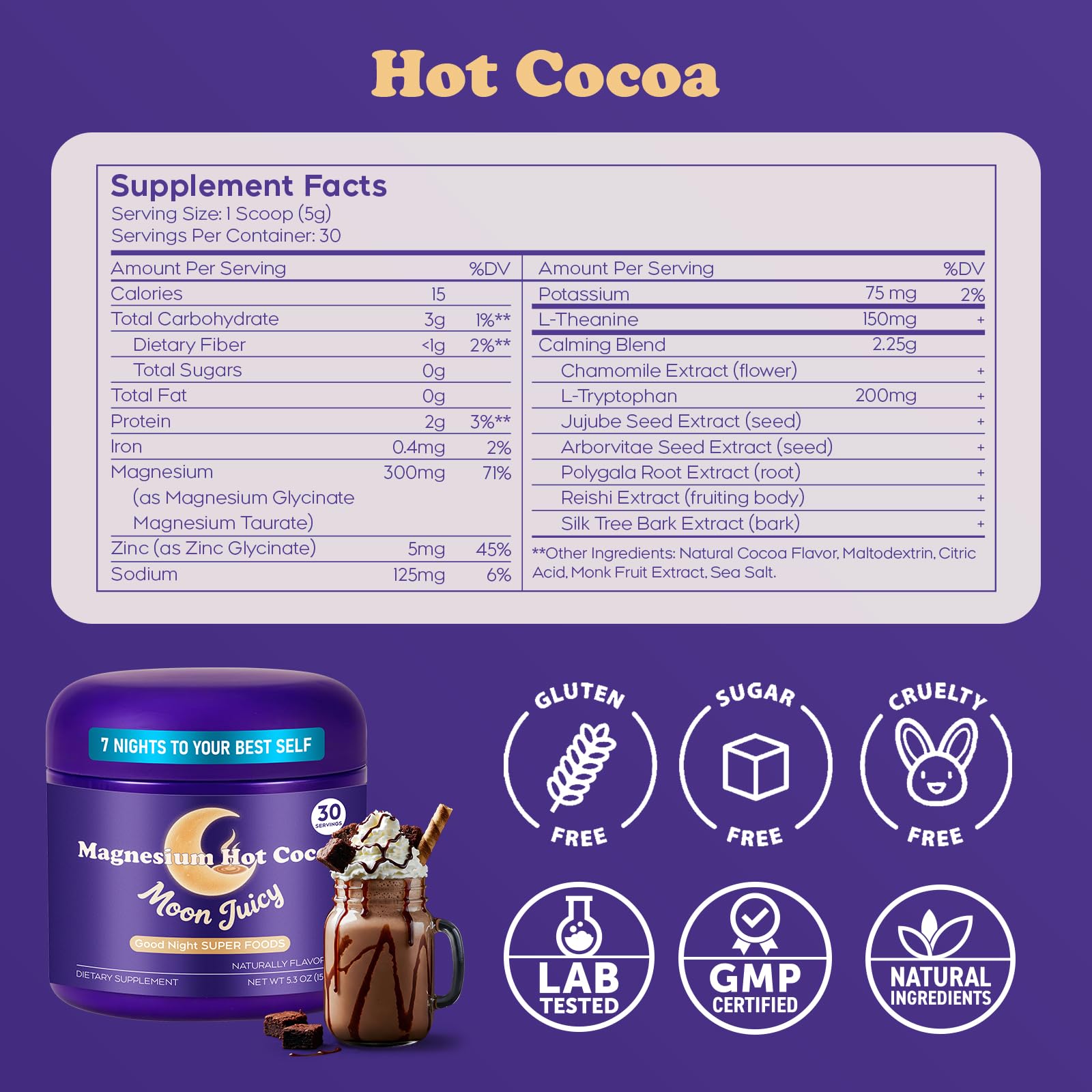 Moon Juicy hot cocoa cup steaming for a soothing bedtime ritual.