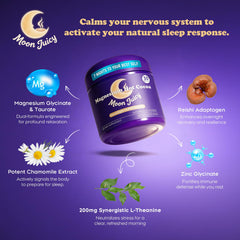Moon Juicy magnesium-theanine-chamomile blend on label for relaxation.