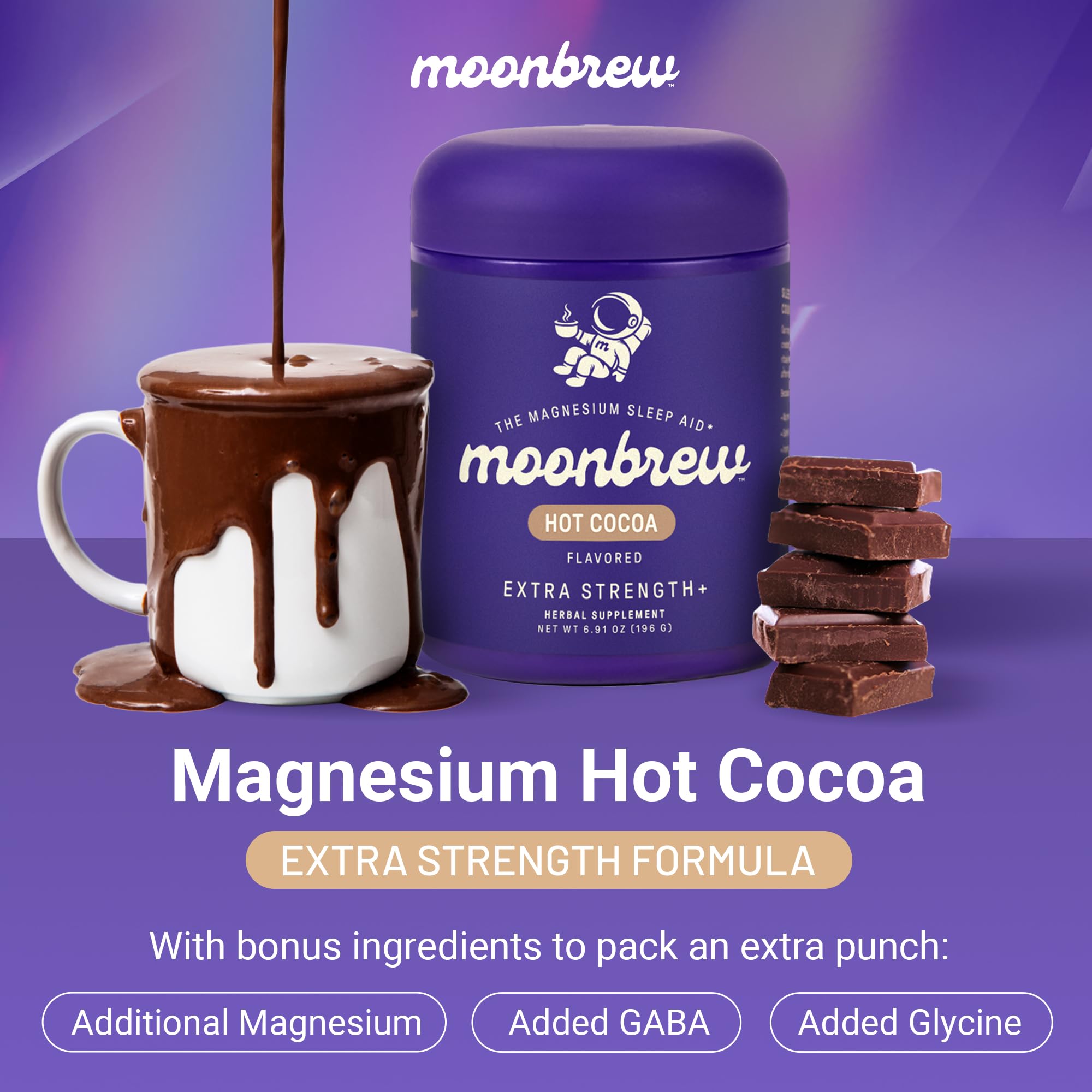 MoonBrew hot cocoa in a steaming mug ready for a cozy night routine.