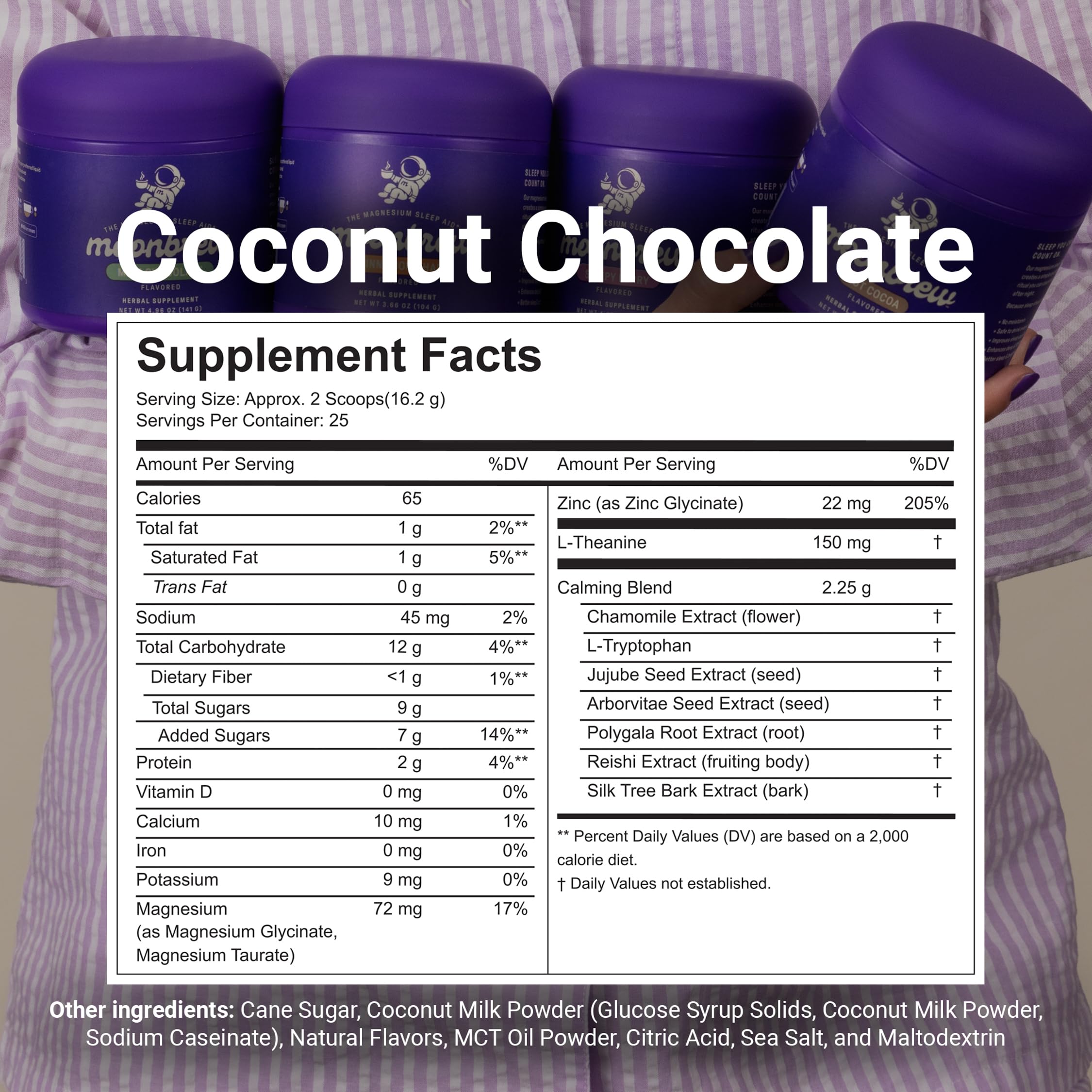 MoonBrew Nighttime coconut chocolate sleep drink scoop beside warm milk for quick evening ritual