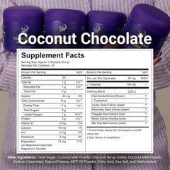 MoonBrew Nighttime coconut chocolate sleep drink scoop beside warm milk for quick evening ritual