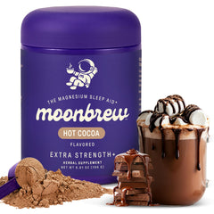 MoonBrew Nighttime extra-strength magnesium hot cocoa jar front for a calming evening ritual.