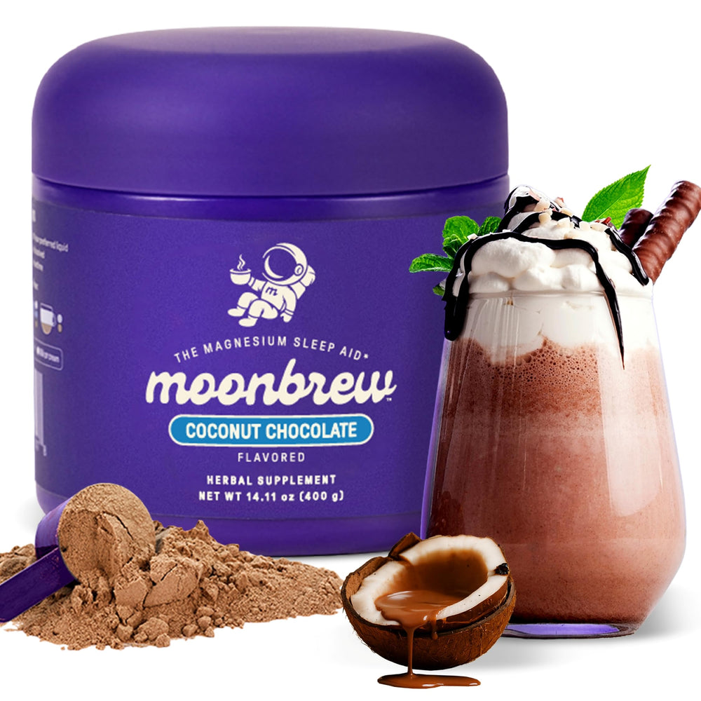 MoonBrew Nighttime magnesium coconut chocolate mix bottle for a calming bedtime routine