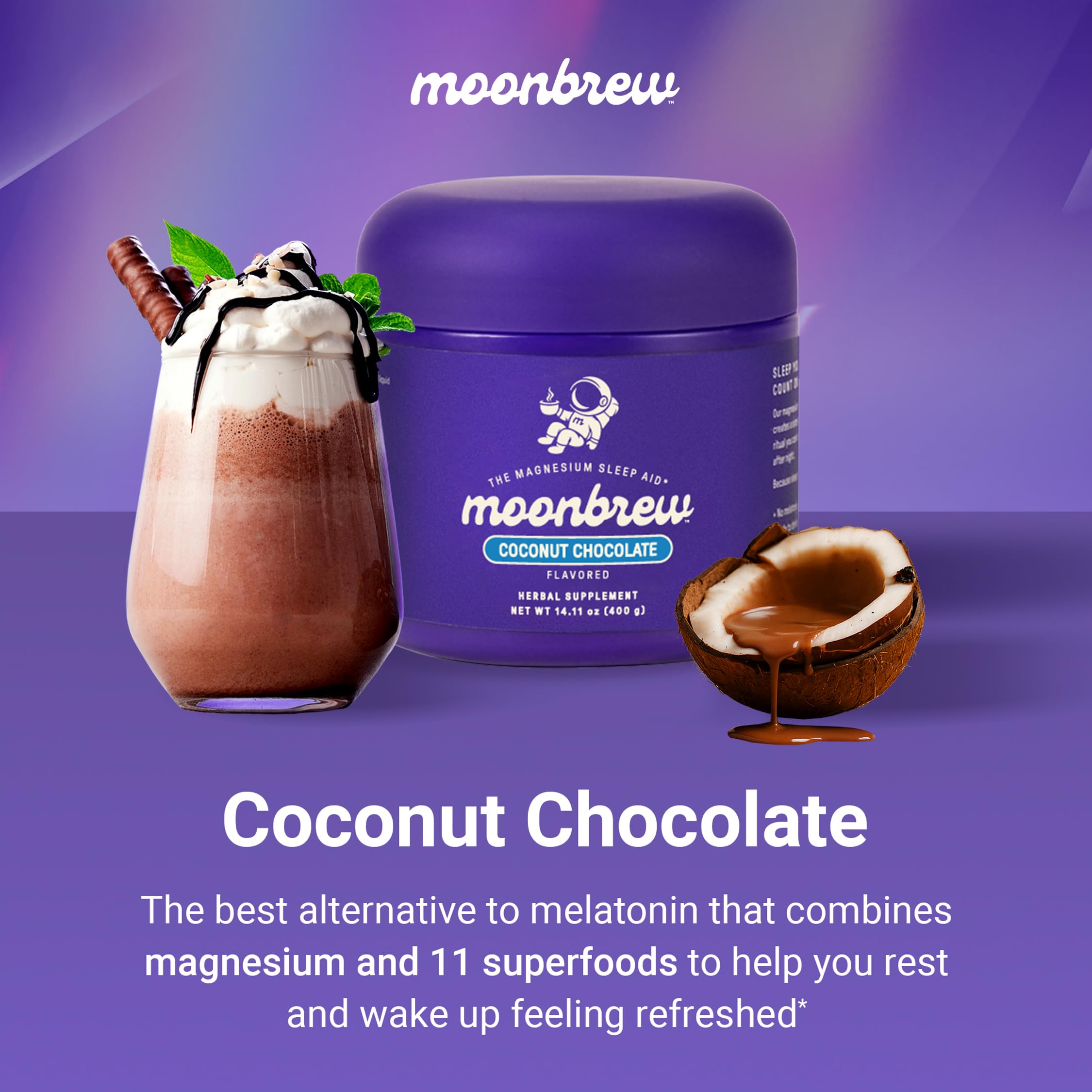 MoonBrew Nighttime magnesium coconut chocolate mix poured into a glass for a soothing nightcap