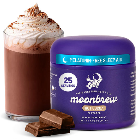 MoonBrew Nighttime Magnesium Hot Cocoa Jar front view, ideal for a calming nightly ritual.
