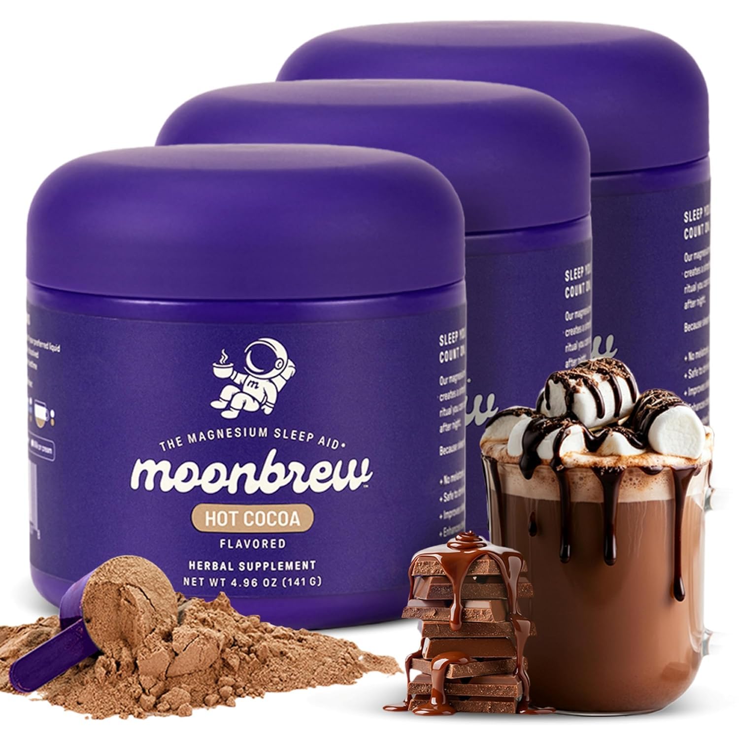 MoonBrew Nighttime Magnesium Hot Cocoa packaging for a calming bedtime ritual