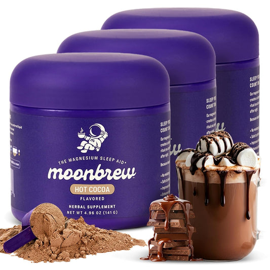 MoonBrew Nighttime Magnesium Hot Cocoa packaging for a calming bedtime ritual