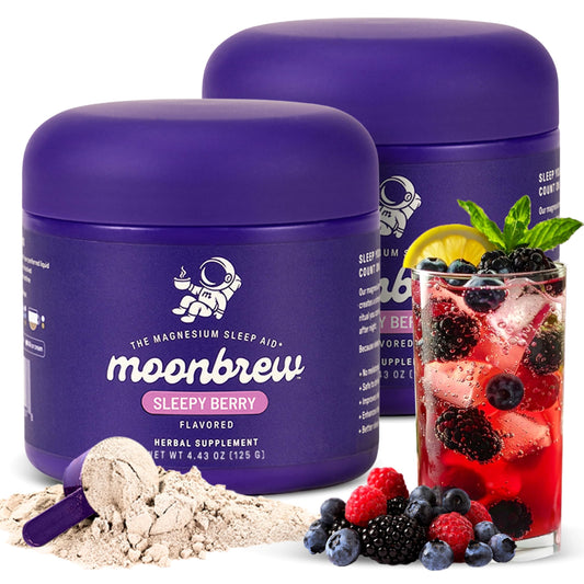 MoonBrew Sleepy Berry bottle on a nightstand for a calming bedtime routine.