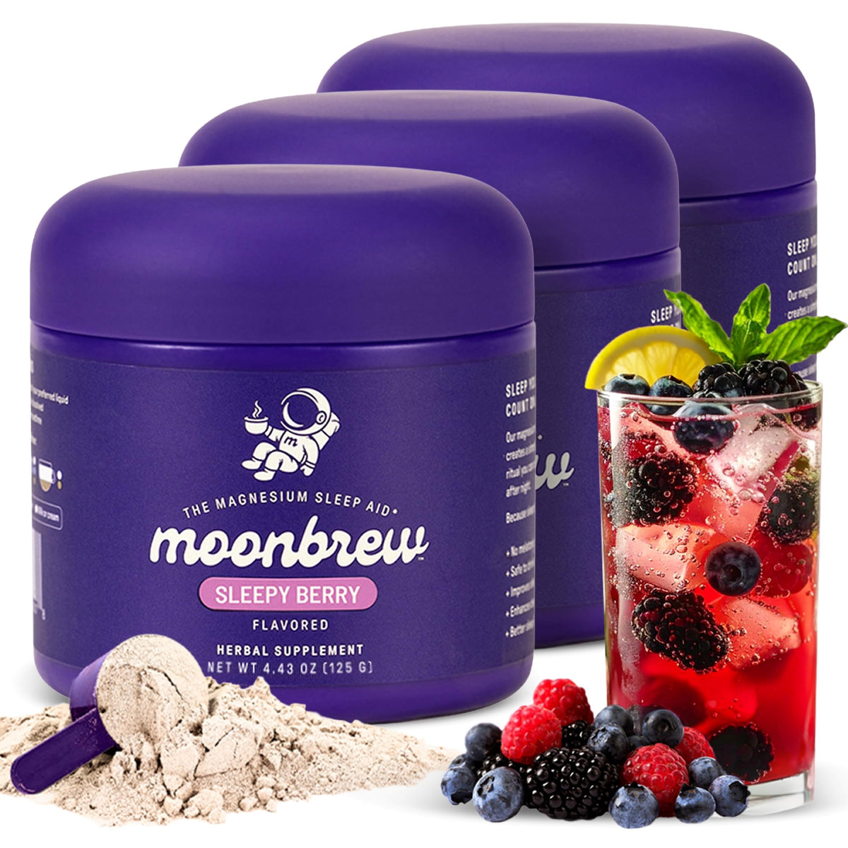 MoonBrew Sleepy Berry jar with calming herbal blend for nighttime routine.