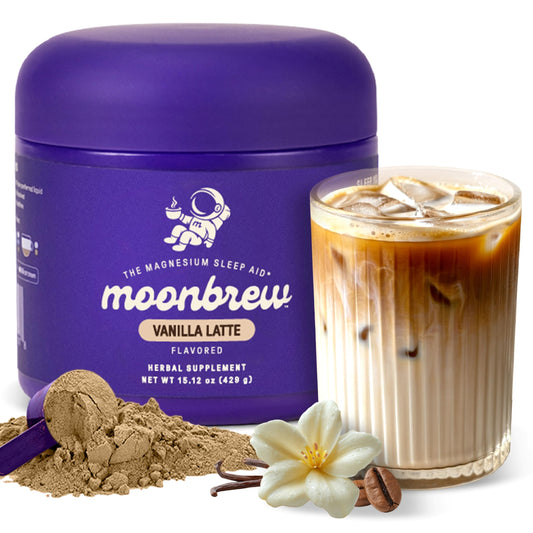 MoonBrew Nighttime Vanilla Latte jar ready for a calming evening ritual.