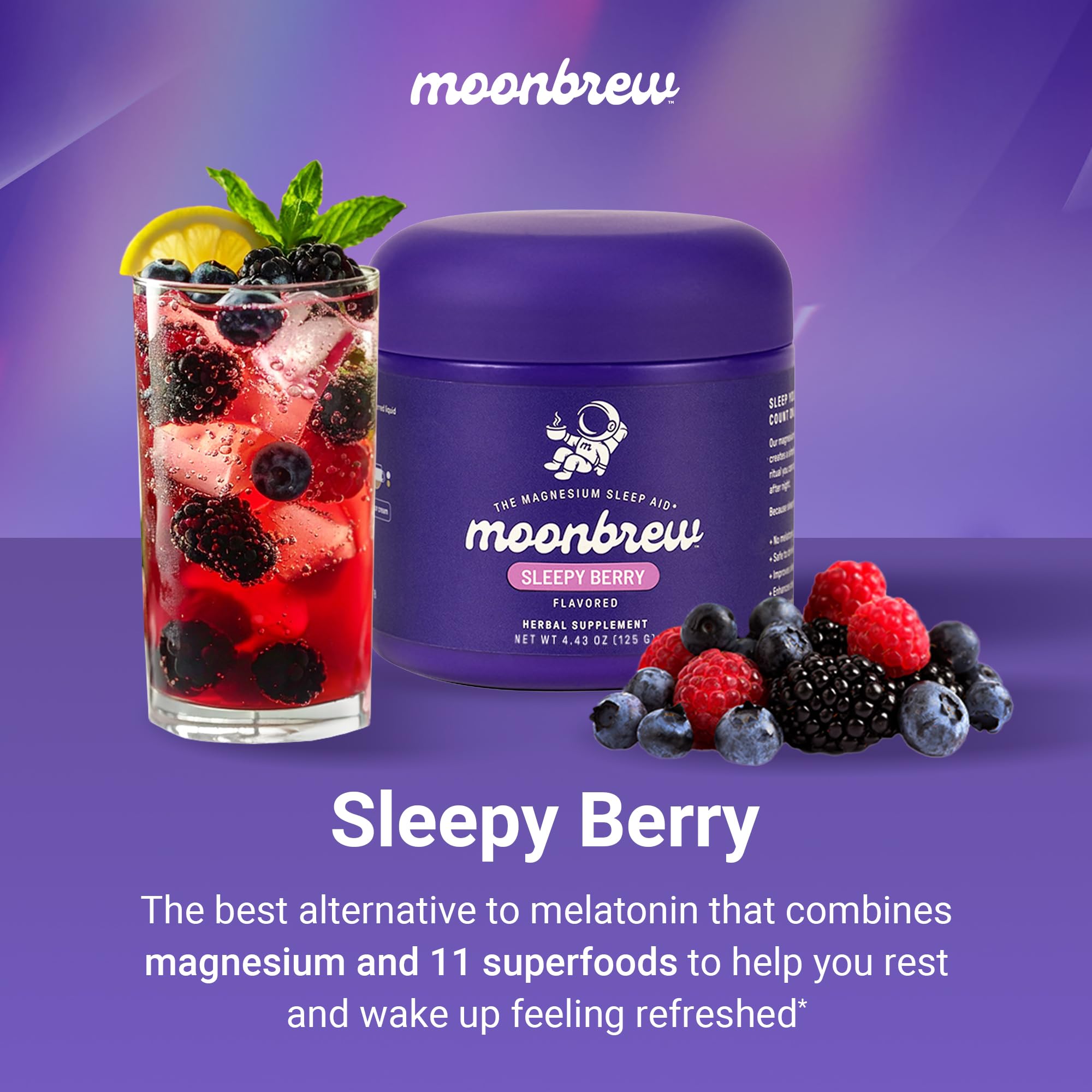MoonBrew Sleepy Berry smoothie powder ready to mix for bedtime.