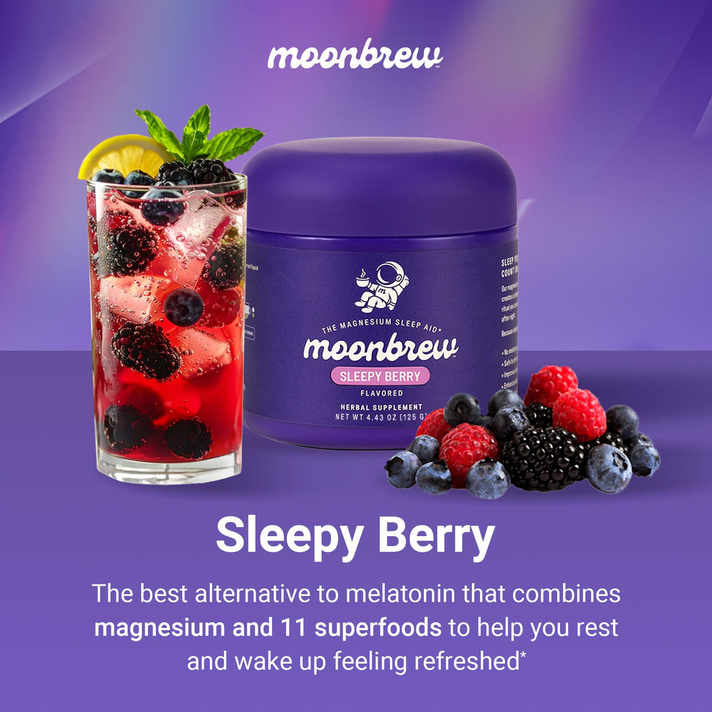 MoonBrew Sleepy Berry smoothie powder ready to mix for bedtime.