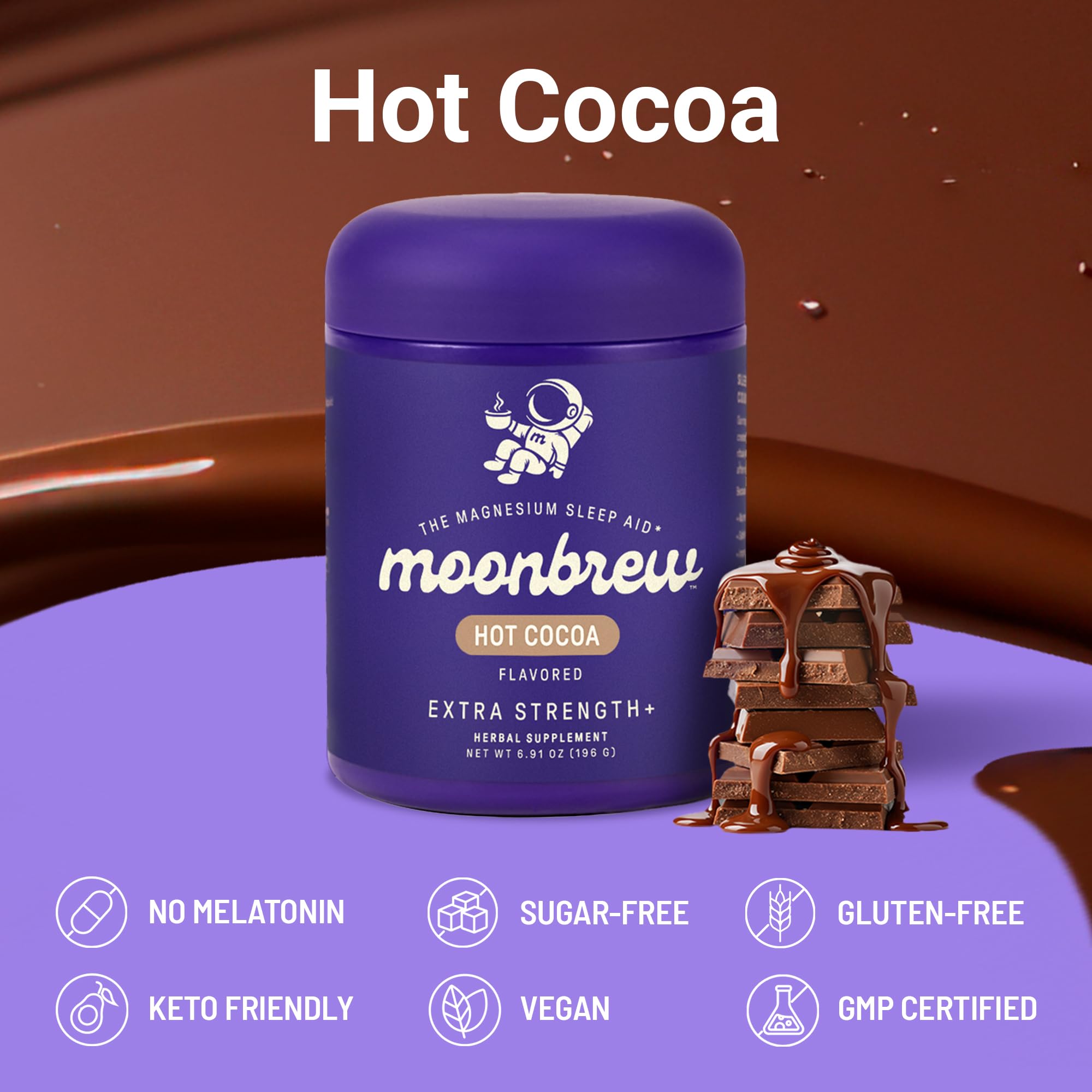 MoonBrew sugar-free vegan keto-friendly badge on cocoa packaging.