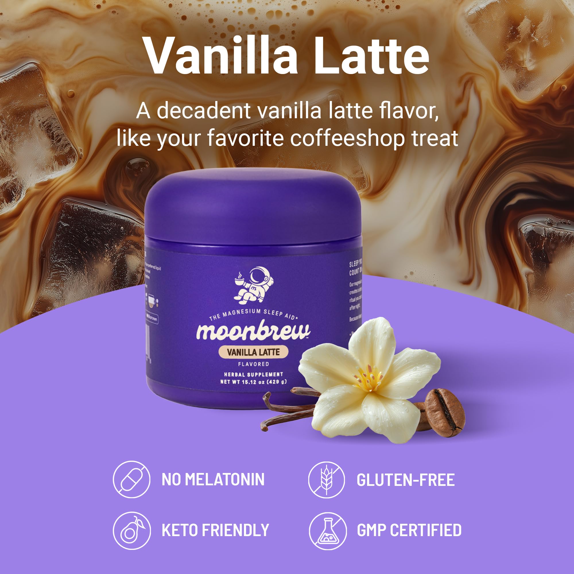 MoonBrew Vanilla Latte powder on desk signals a quick nightly mix.