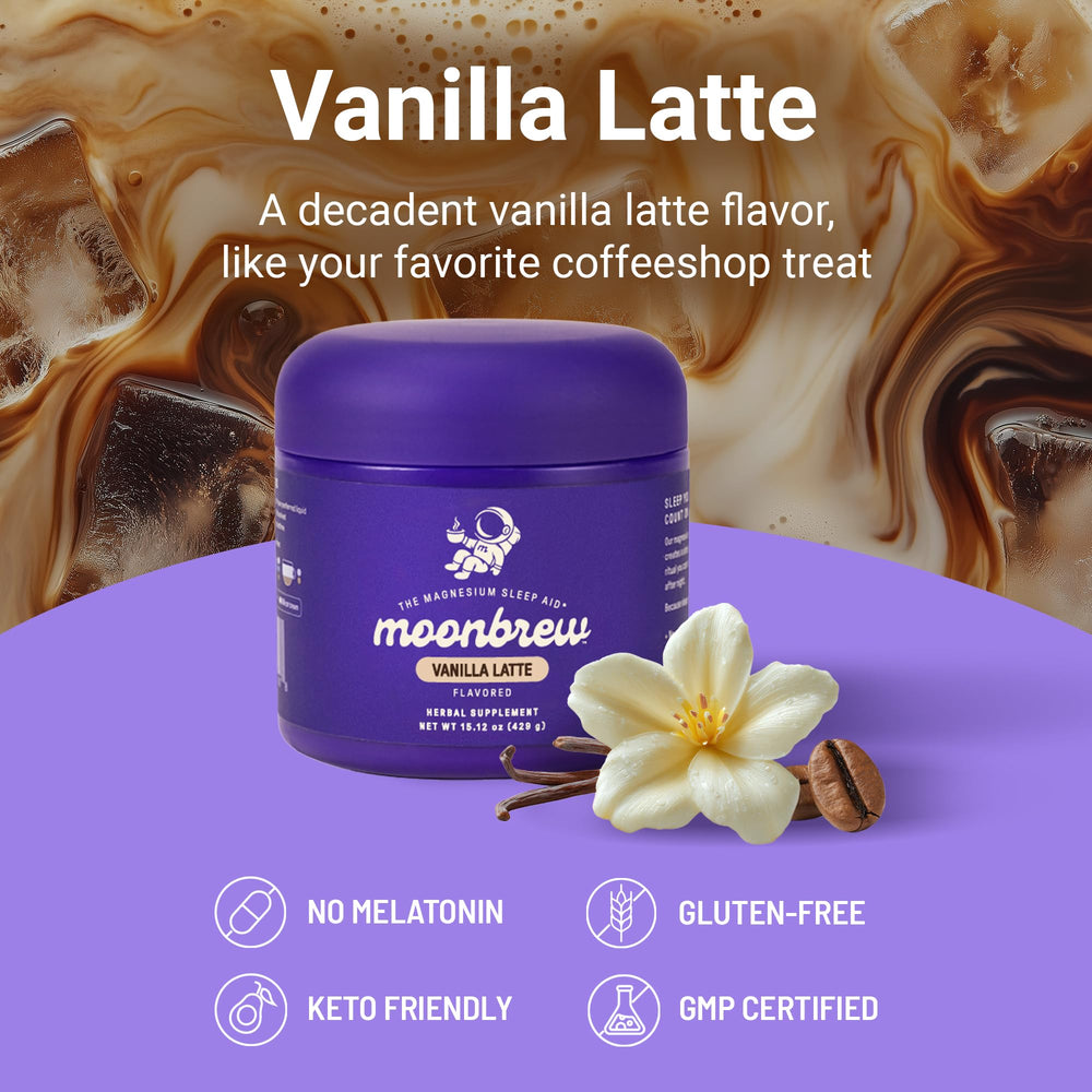 MoonBrew Vanilla Latte powder on desk signals a quick nightly mix.