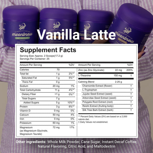 MoonBrew Vanilla Latte sleep drink glass offers a creamy, relaxing night beverage.
