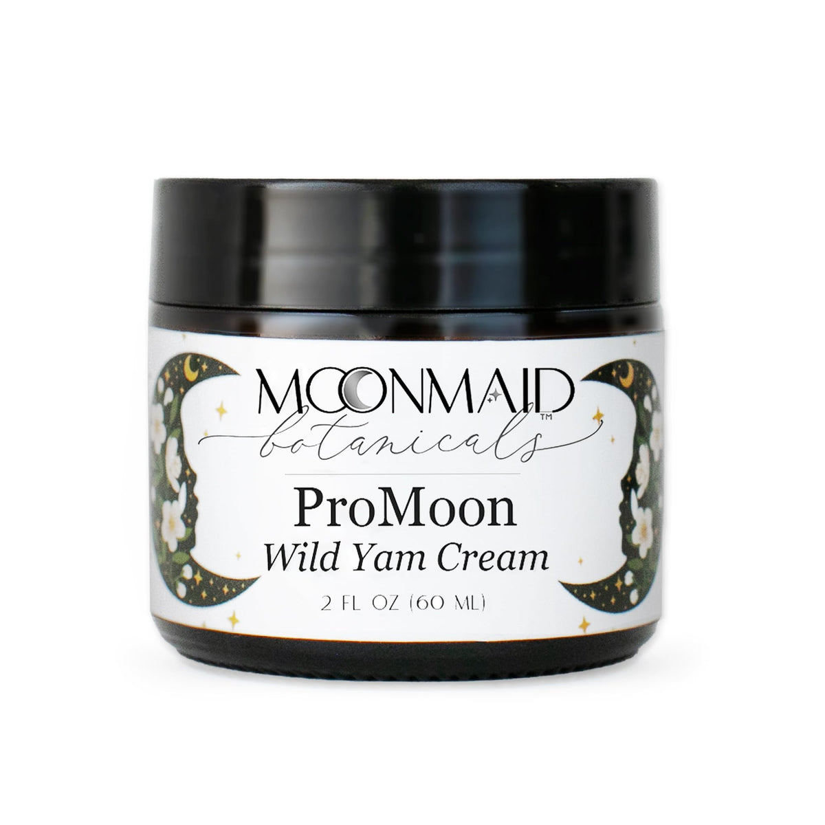 MoonMaid Botanicals ProMoon Wild Yam Cream jar showing organic wild yam and rose for skin hydration.