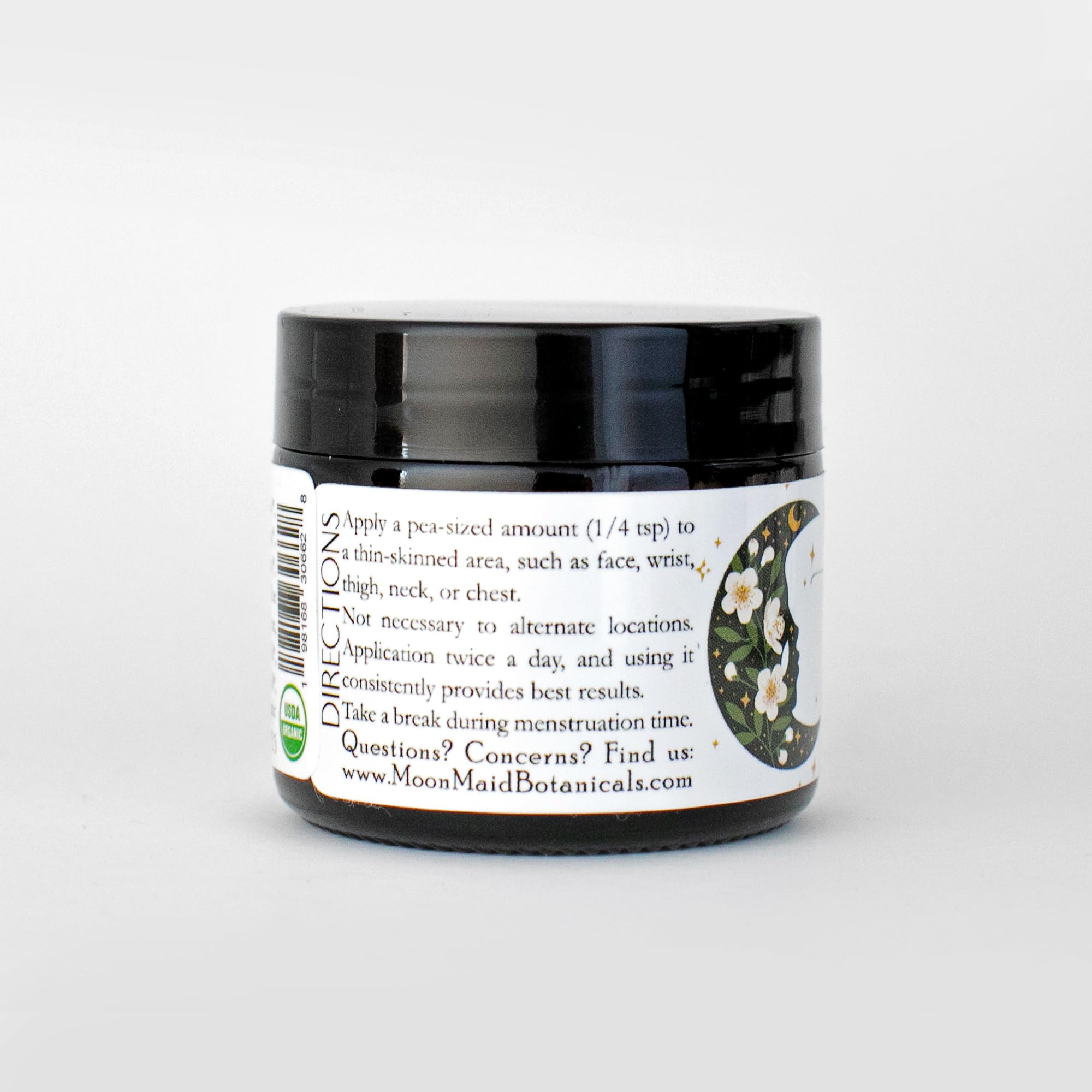 MoonMaid ProMoon Wild Yam Cream label close-up highlighting organic ingredients and balance benefits.