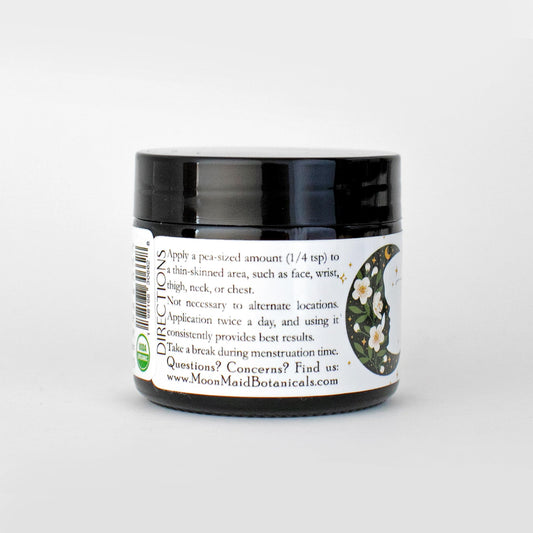 MoonMaid ProMoon Wild Yam Cream label close-up highlighting organic ingredients and balance benefits.