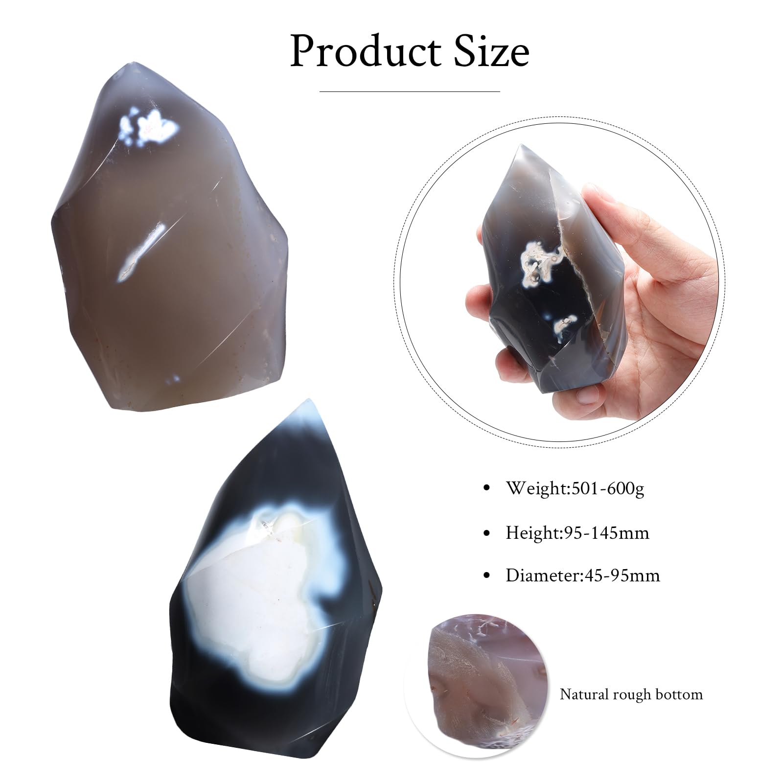 Moonsix orca agate flame tower close-up reveals natural color variation.