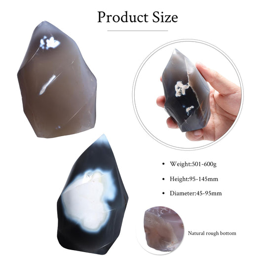 Moonsix orca agate flame tower close-up reveals natural color variation.