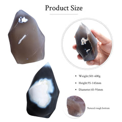 Moonsix orca agate flame tower close-up reveals natural color variation.