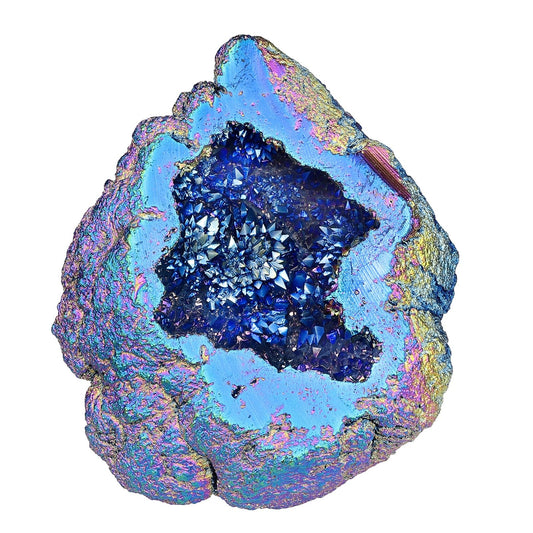 Moonsix titanium-coated crystal druzy geode on tabletop display with shimmering color.
