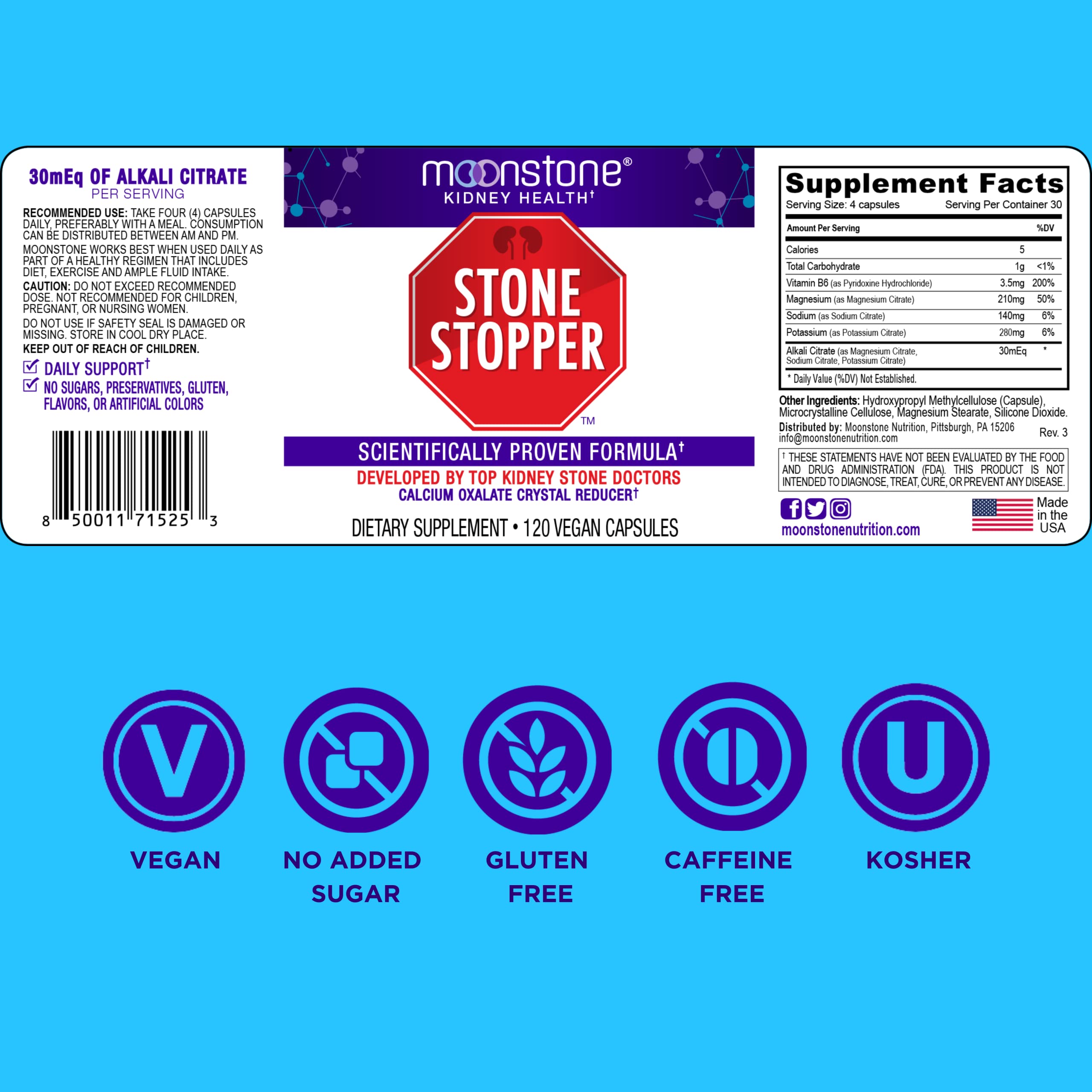Moonstone citrate-rich formula helps manage electrolytes and citrate levels for wellness.