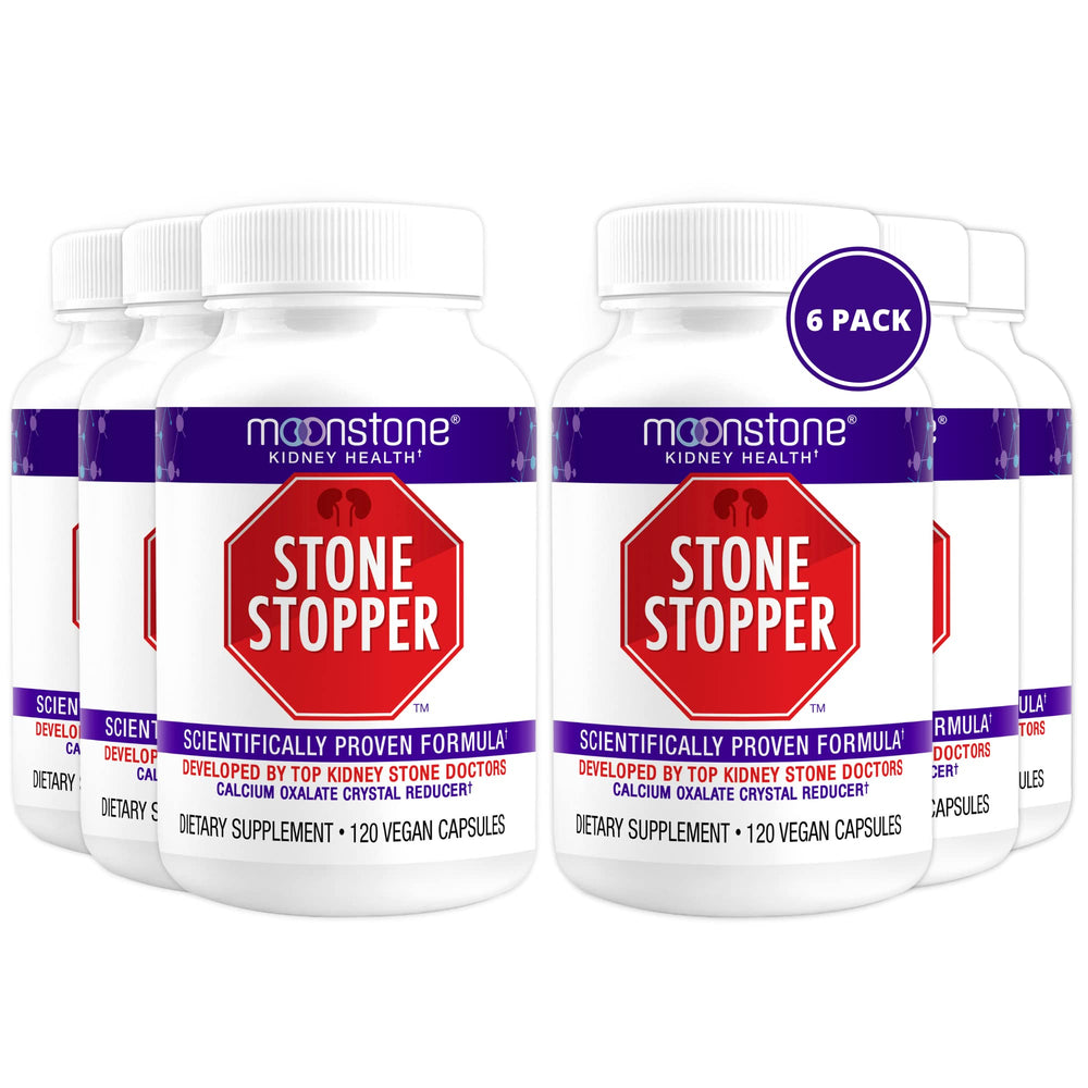 Moonstone Stone Stopper capsules bottle closeup for easy daily kidney health support.