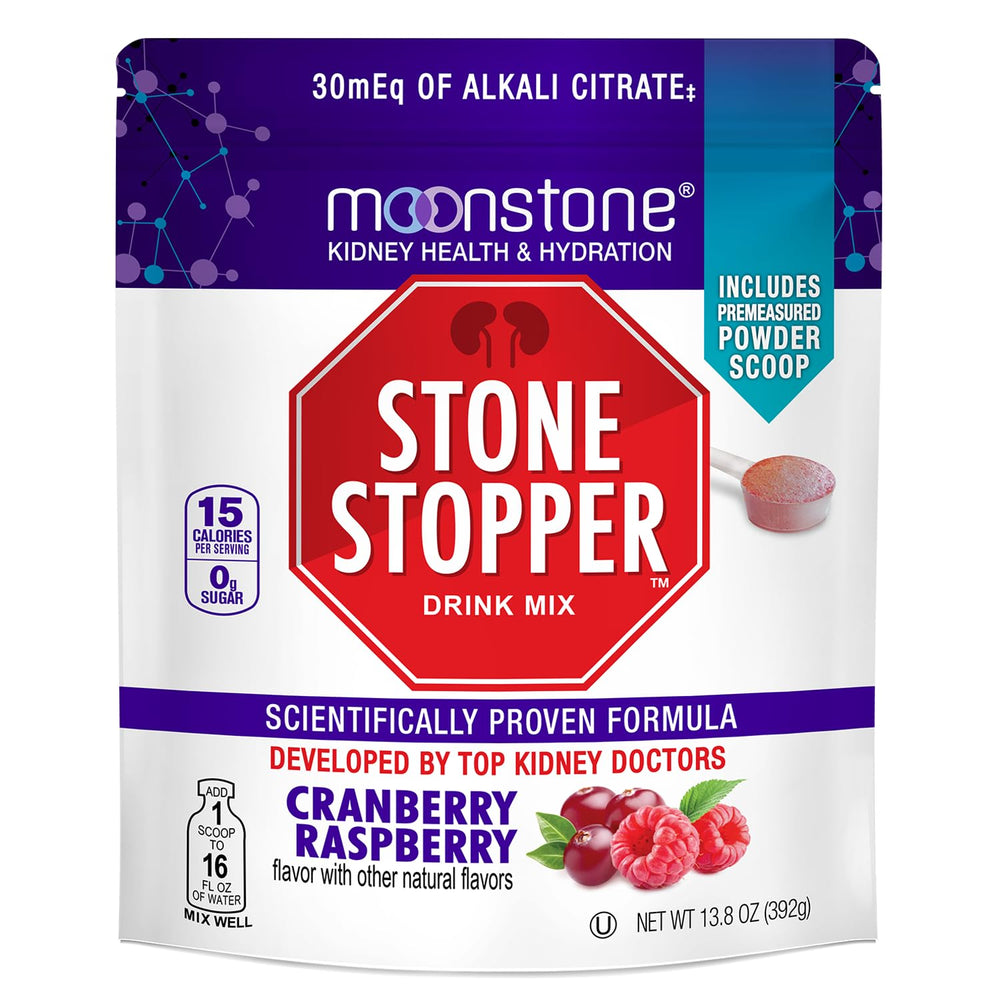 Moonstone Stone Stopper Drink Mix bottle pour for hydration support with cranberry raspberry flavor.