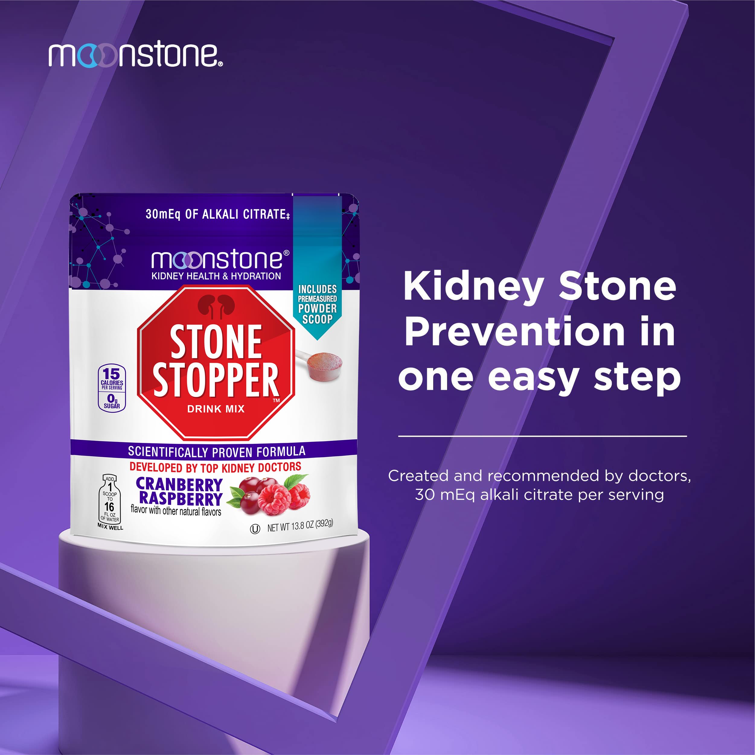Moonstone Stone Stopper Drink Mix powder dispense showing electrolyte balance potential.