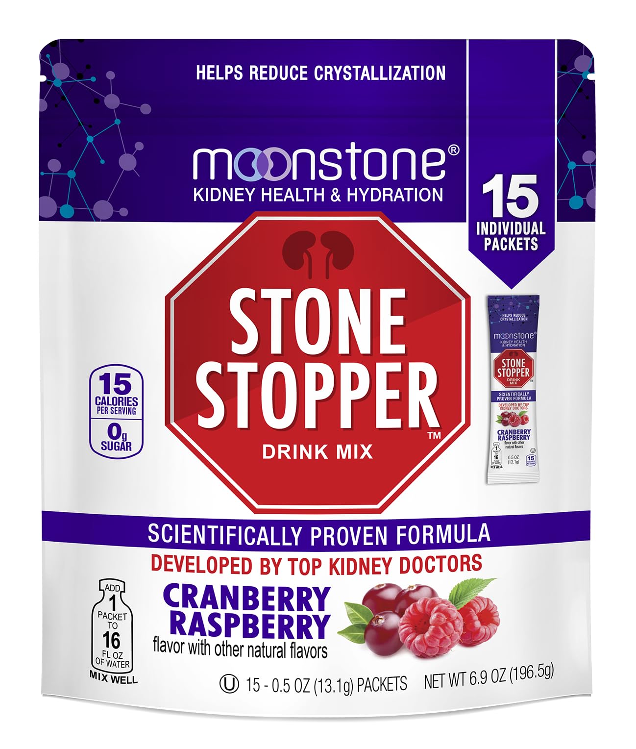 Moonstone Stone Stopper Drink Mix bottle with Cranberry Raspberry flavor, hydration support