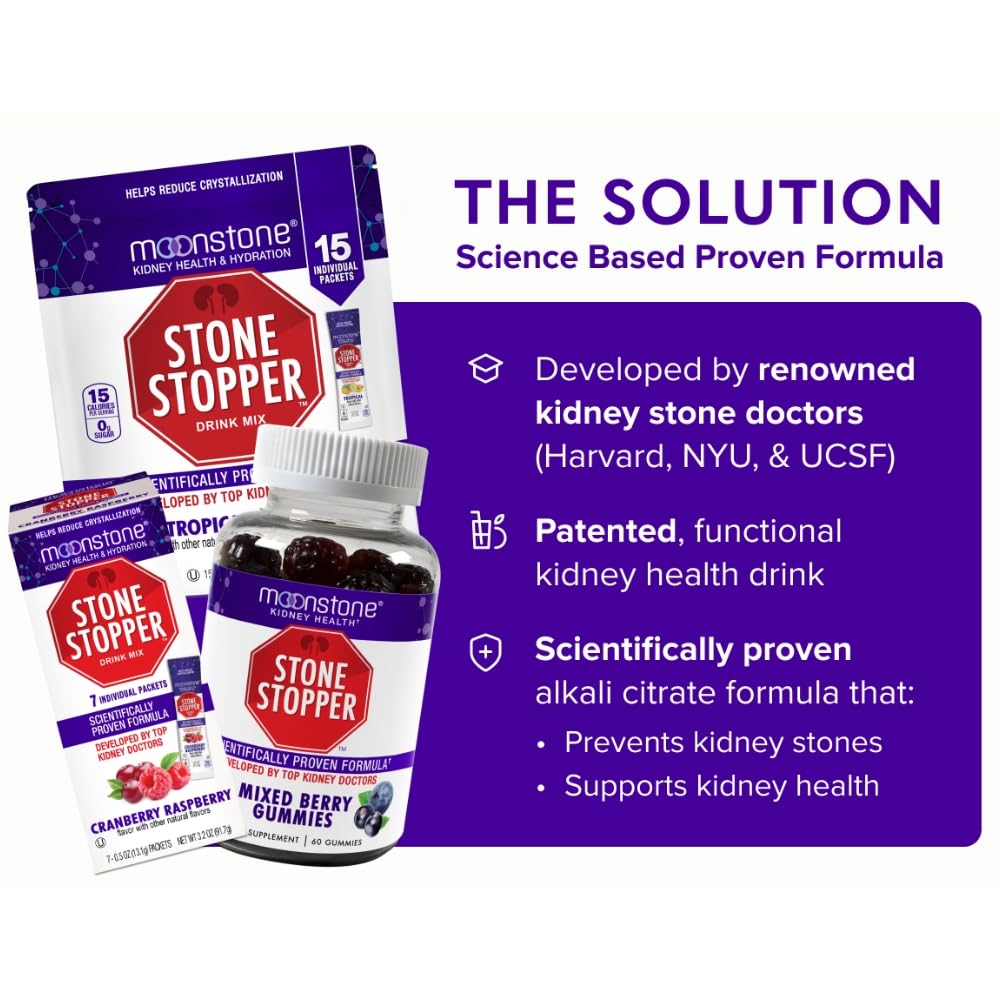 Moonstone Stone Stopper Drink Mix supports kidney health through citrate-rich formula.