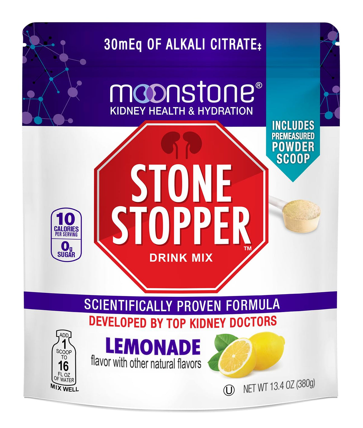 Moonstone Stone Stopper Drink Mix lemonade packet ready to dissolve for hydration and citrate balance