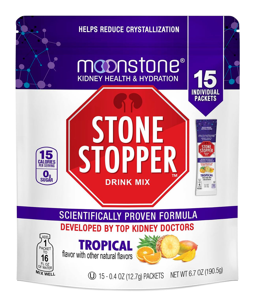 Moonstone Stone Stopper Drink Mix tropical bottle shows hydration-ready setup.