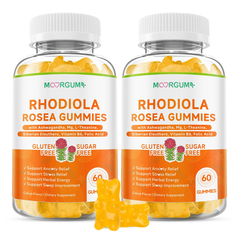 MOORGUMY Rhodiola Rosea Gummies bottle front view for stress support.