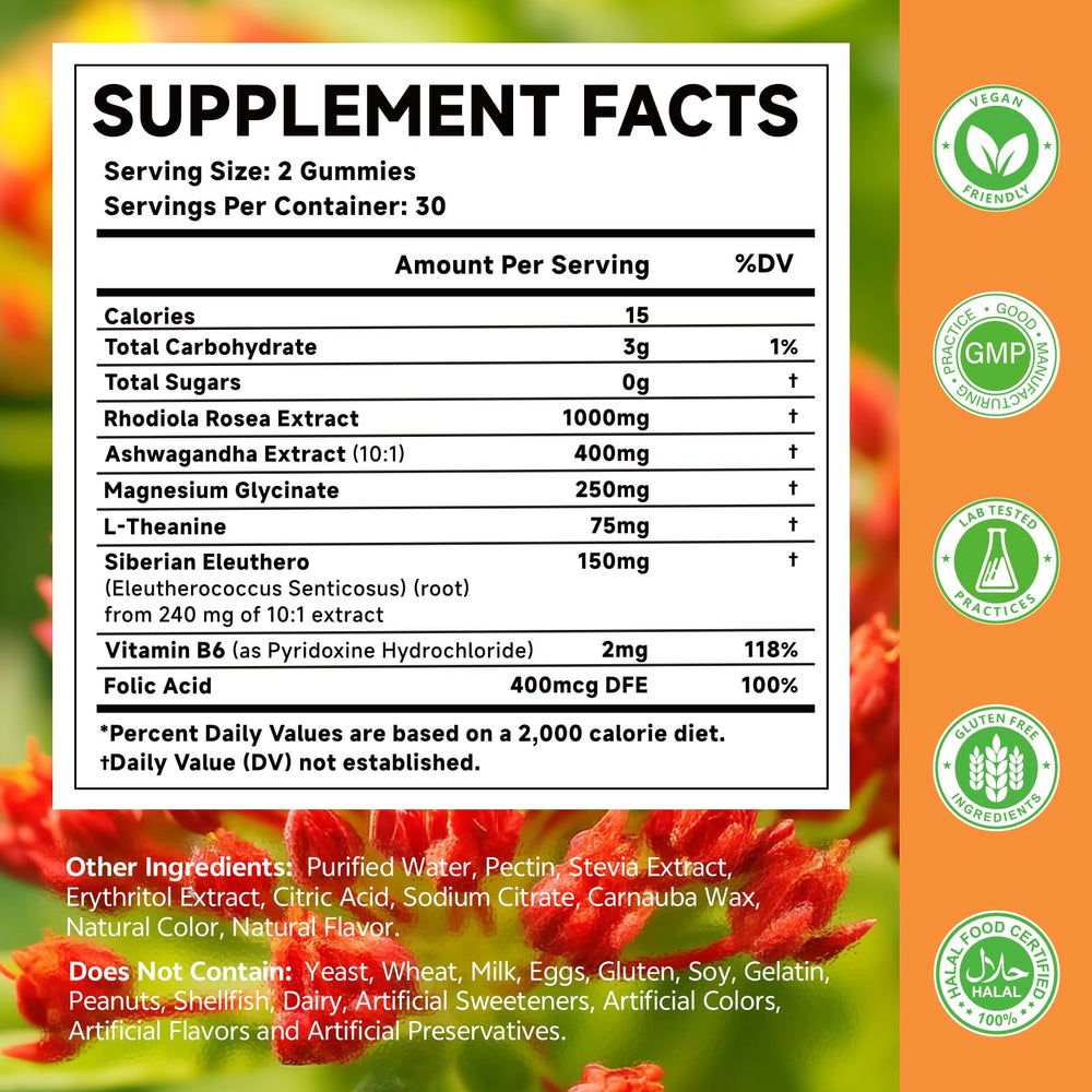 MOORGUMY Rhodiola Rosea Gummies ingredients chart highlighting complex adaptogens.