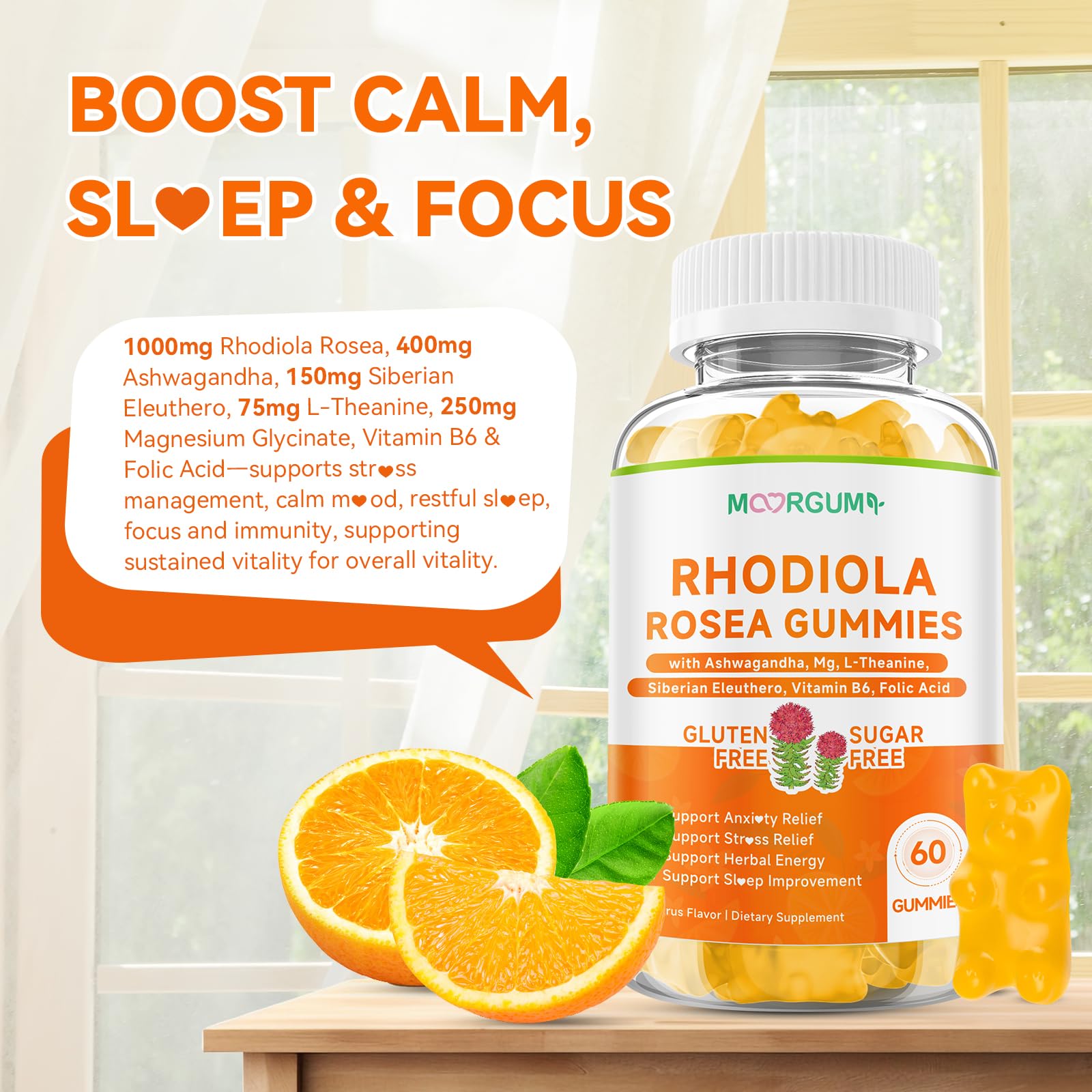 MOORGUMY Rhodiola Rosea Gummies 0g sugar per serving label.