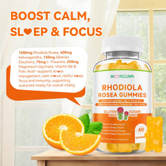 MOORGUMY Rhodiola Rosea Gummies 0g sugar per serving label.