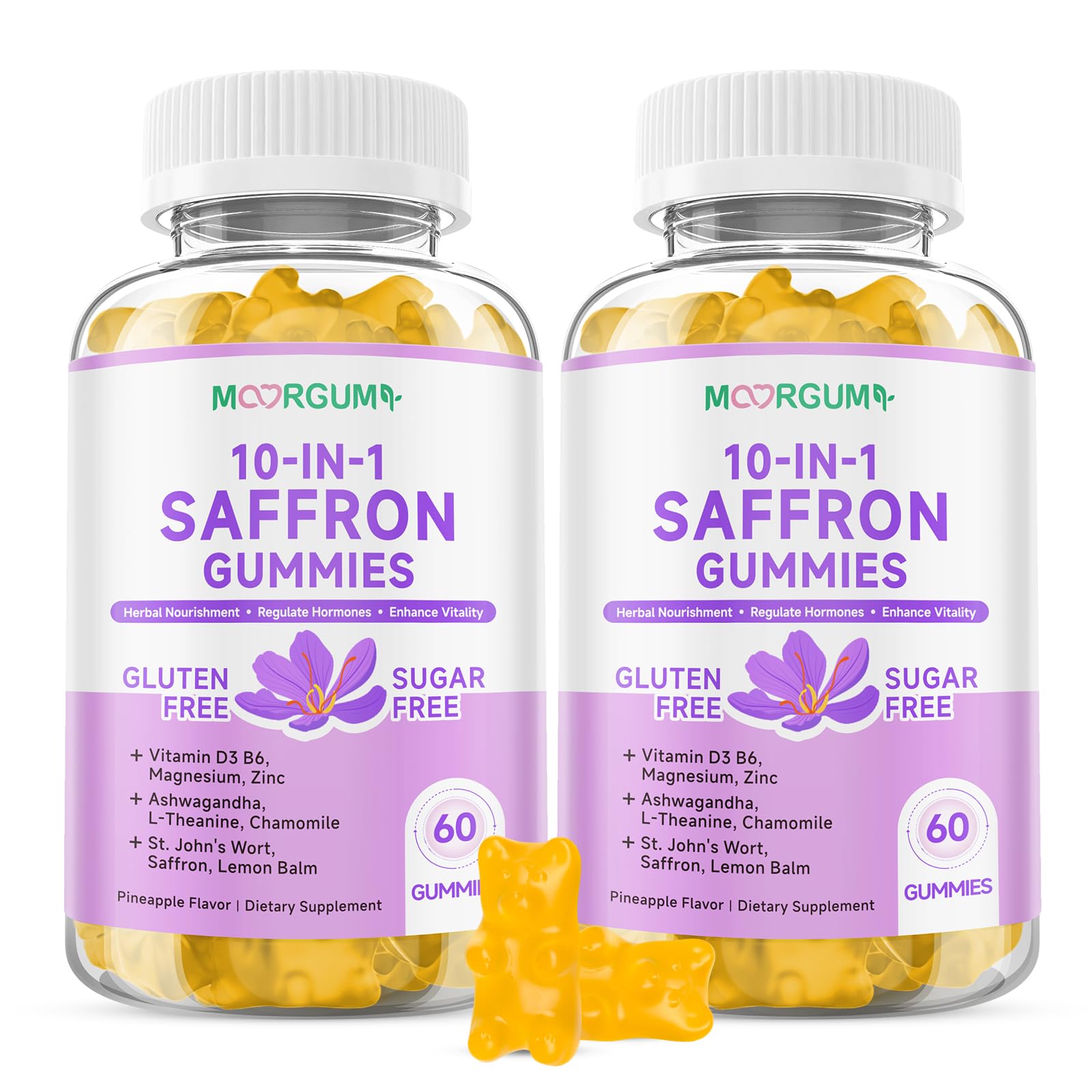 MOORGUMY saffron gummies bottle front showing premium formula for daily balance